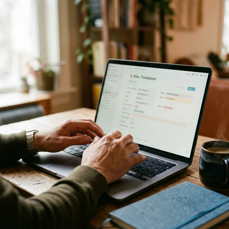 Close-up of hands paused above keyboard, CRM record auto-populating on screen