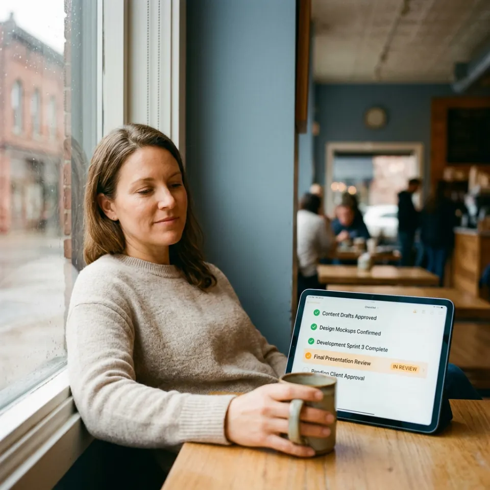 Client relaxed at home reviewing project status on a tablet