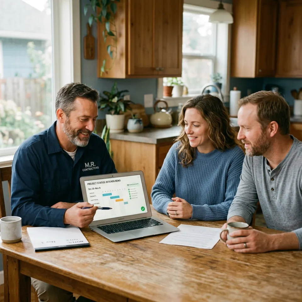Service business owner showing client portal on laptop to a client leaning in
