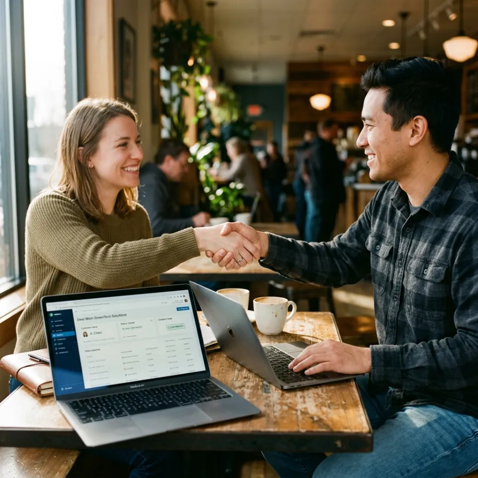 Handshake between client and sales rep, CRM open on laptop on desk