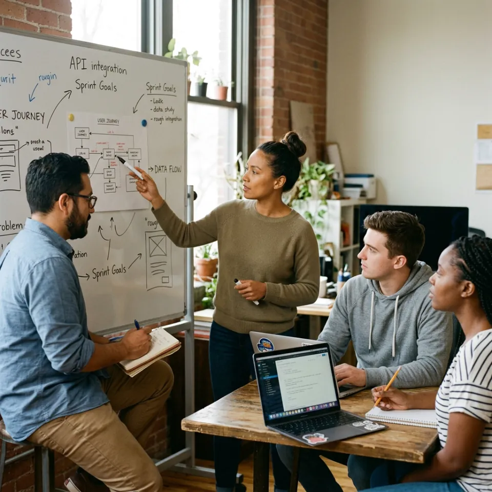 Small team around a table mapping workflow on a whiteboard with sticky notes